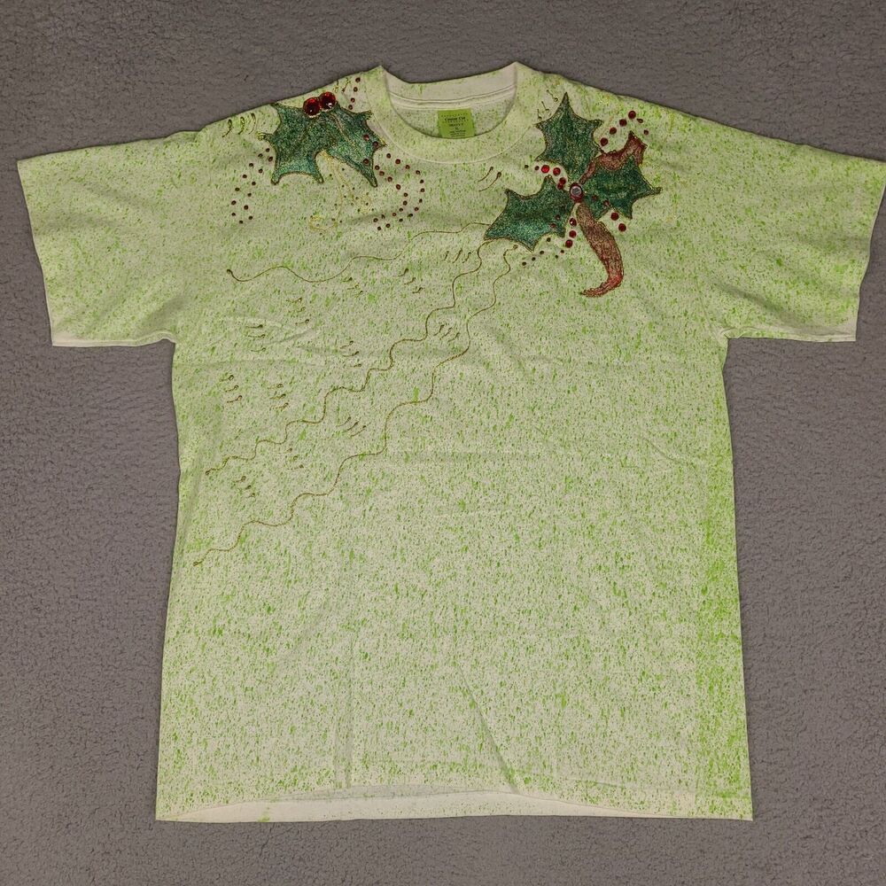 Holiday Holly‎ Christmas T-Shirt Adult XL Green Tie Dye Embellished USA Made